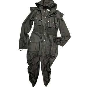 NEW Irregular Exposure Smocked Waist Parachute Jacket Women Large Black Hooded